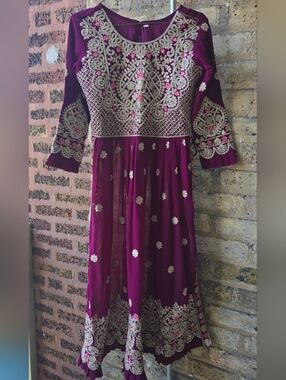 Women's Desi Embroidered Magenta Party Dress with Gold Accents BOLLYWOOD